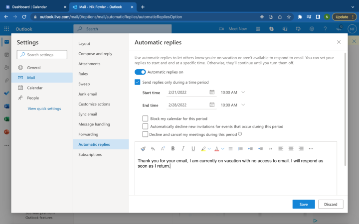 Creating Out-of-Office Automatic Replies On Microsoft Outlook - Calendar